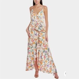 Hutch NWT Hollis Floral Satin Wrap Maxi V Neck Dress‎ in Ivory Ruffle Size XL